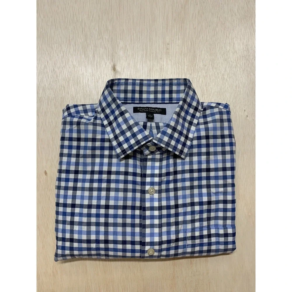 Banana Republic Mens Large Classic Fit Check Long Sleeve Shirt Navy White Non Ir